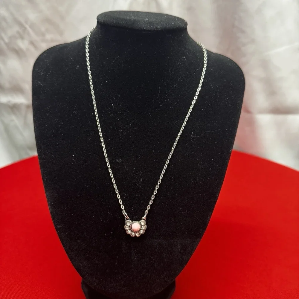 Silver Tone Necklace‎ With Pink Stone And Crystals